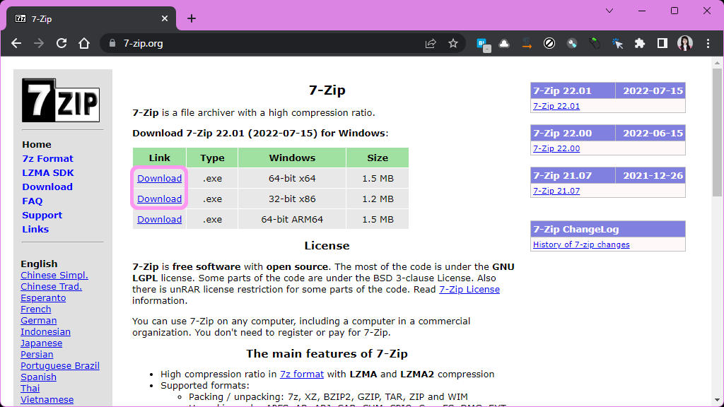 7-Zipウェブサイト